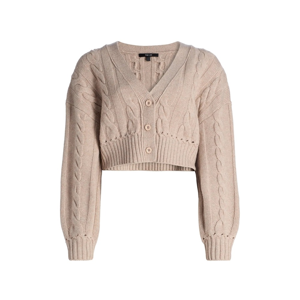 TOCCIN Lucie Luxe Cable Knit V Neck Cardigan Beige Melange Size Small‎ NWT